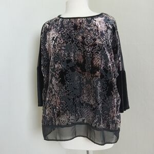 Chico's Size 2 3/4 Sleeve Burn Out Velvet Brown Black Pop Over Top